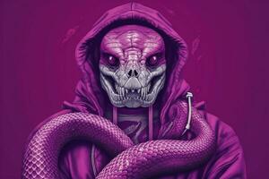 a purple snake with a hoodie that saysskullon it photo