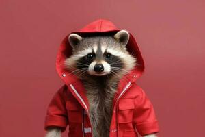 un mapache con un rojo chaqueta y un capucha foto