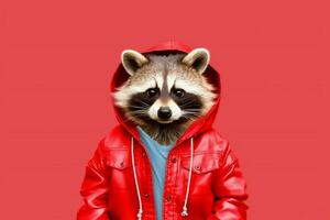 a raccoon with a red jacket and a hoodie photo