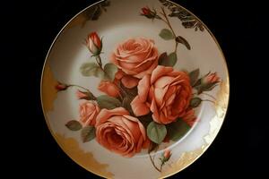 a round plate with roses on it and a gold rim photo