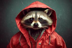 a raccoon with a red jacket and a hoodie photo