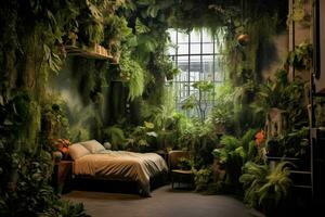 a room with plants and a wall that says photo