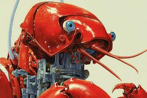 a red lobster is on a robots face photo