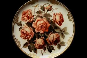 a round plate with roses on it and a gold rim photo