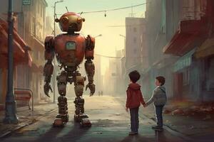 a robot and a boy walk down a street photo