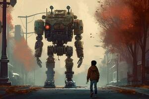 a robot and a boy walk down a street photo