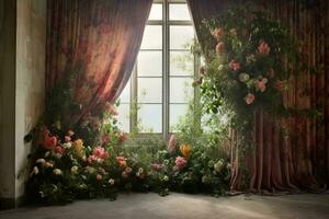 a room with flowers and a large curtain photo