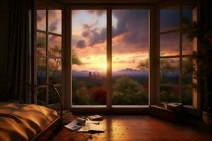 a room with a view and a window with a sunset in photo