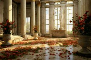 a room with columns and flowers on the floor photo