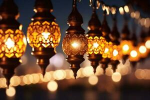 un fila de luces con el palabras Ramadán en el medio foto
