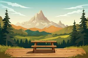 un escénico montaña ver detrás un de madera mesa ilu foto
