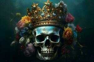 a skull with a crown and a flower on it photo