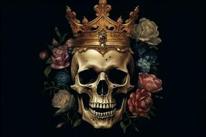 un cráneo con un corona y un flor en eso foto