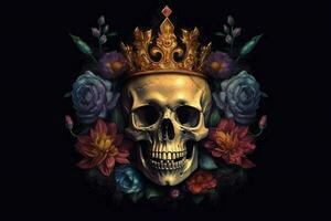 a skull with a crown and a flower on it photo