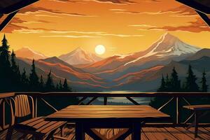 a scenic mountain view behind a wooden table illu photo