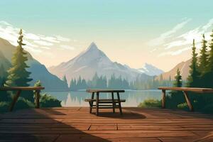 a scenic mountain view behind a wooden table illu photo