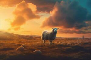 a sheep with a sunset behind it photo