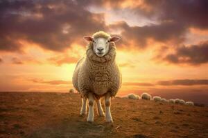 a sheep with a sunset behind it photo