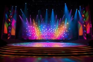 a stage with a stage lit up with colorful lights photo