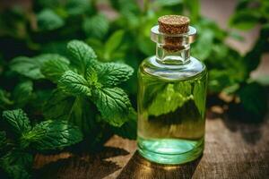 a small bottle of mint essential oil next to a gr photo