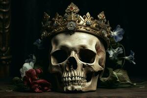 a skull with a crown and a flower on it photo