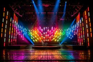 a stage with a stage lit up with colorful lights photo