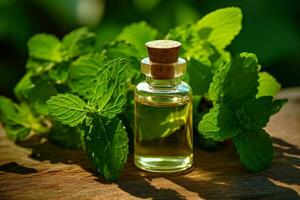 a small bottle of mint essential oil next to a gr photo