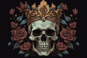 a skull with a crown and a flower on it photo