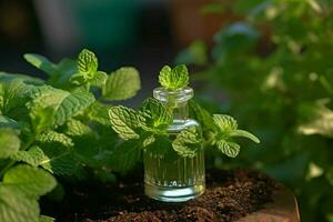 a small bottle of mint essential oil next to a gr photo