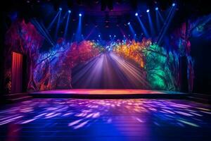 a stage with a stage lit up with colorful lights photo