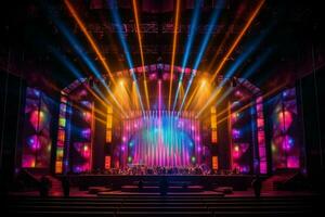 a stage with a stage lit up with colorful lights photo