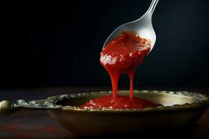 a spoonful of food with a red sauce dripping down photo