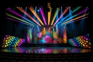 a stage with a stage lit up with colorful lights photo