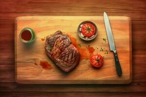 a steak on a cutting board with a bowl of tomato photo