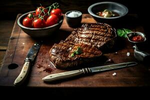 a steak on a cutting board with a bowl of tomato photo