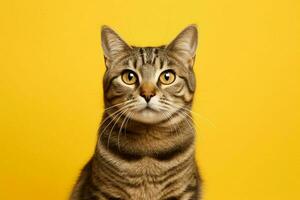 a tabby cat with a yellow background photo
