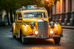 a vintage car with a yellow license plate that says photo