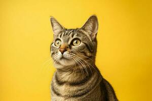 a tabby cat with a yellow background photo