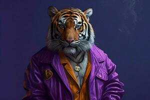 un Tigre en un púrpura chaqueta con el letra mi en yo foto