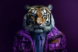 un Tigre en un púrpura chaqueta con el letra mi en yo foto