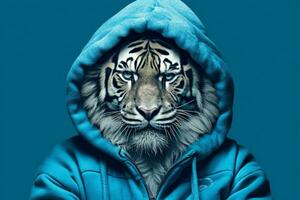 a tiger in a hoodie with a blue hoodie photo