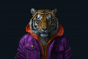 un Tigre en un púrpura chaqueta con el letra mi en yo foto