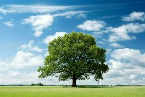 a tree in a field with a green background and a b photo