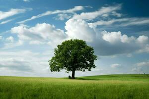 a tree in a field with a green background and a b photo