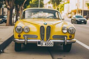 a vintage car with a yellow license plate that sa photo