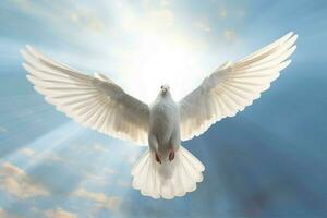 un blanco paloma es volador en el cielo con sus alas foto
