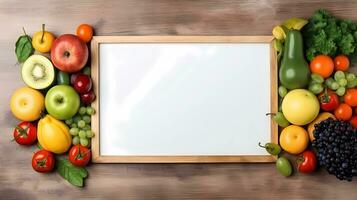 A picture frame made up of fruits and vegetables with space for text, minimalism, wood texture background, soft matte background, AI generated. photo