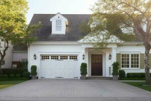 a white house with a large front door and a garag photo