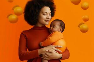 a woman holding a baby in front of an orange background photo