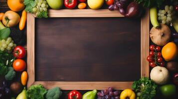 AI image generated of a picture frame made up of fruits and vegetables with space for text, wood texture background, soft matte background. photo